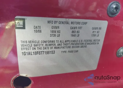 2007 Chevrolet Cobalt Lt from USA, damaged, VIN 1G1AL18F877198153